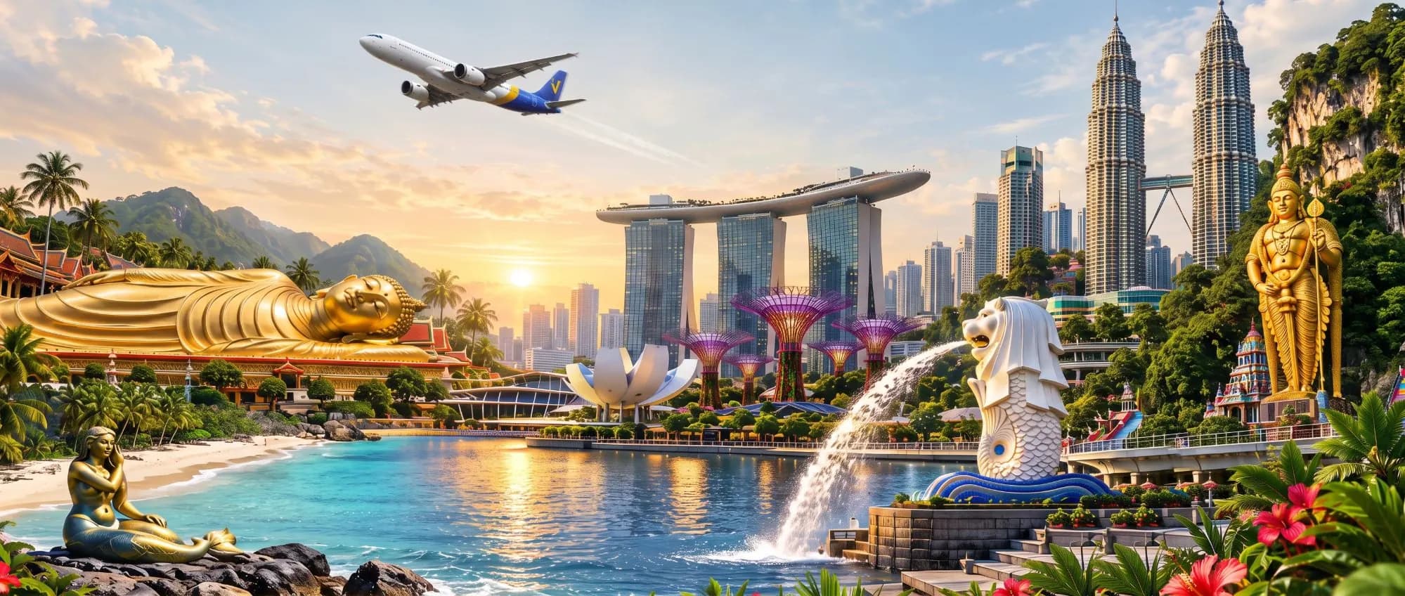 Kolase landmark Thailand, Singapura, dan Malaysia dengan pesawat di langit senja