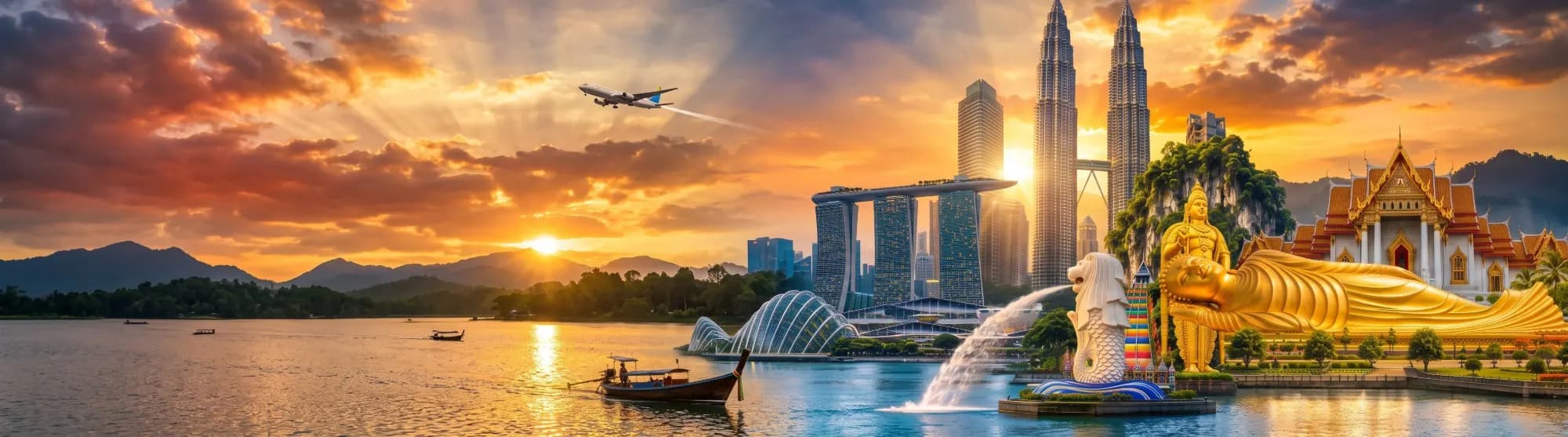 Panorama landmark Singapura, Malaysia, dan Thailand saat matahari terbenam